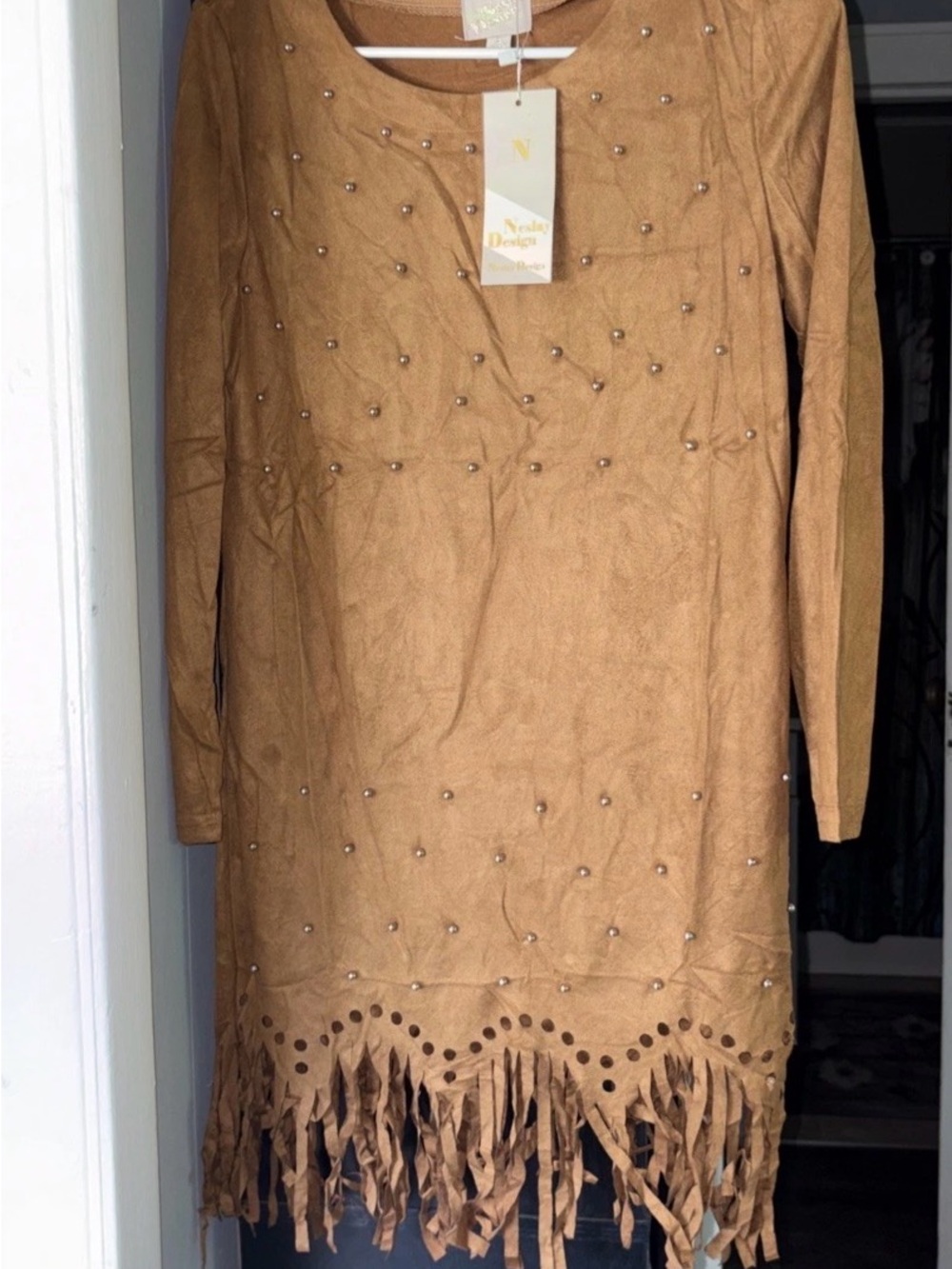 Fringe Hem Bead-Embellished Long Sleeve Dress - Camel